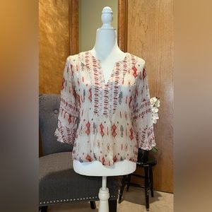 Lucky Brand Women’s Cream and Red Boho Flowy Blouse Top Shirt Size Small